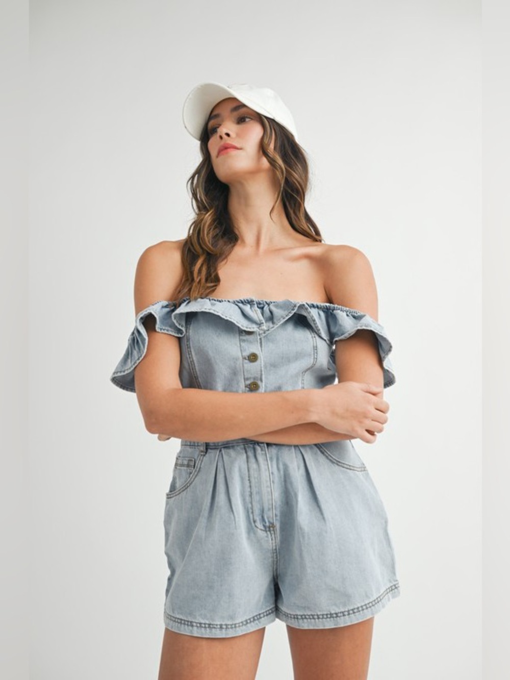 MABLE Off Shoulder Ruffle Detail Denim Romper - Picture 2 of 14